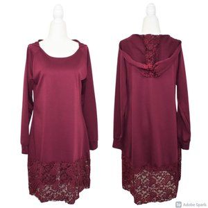 Womens Whimsigoth Hooded Lace Hem Long Sleeve Tunic Top Size M Burgundy Coquette